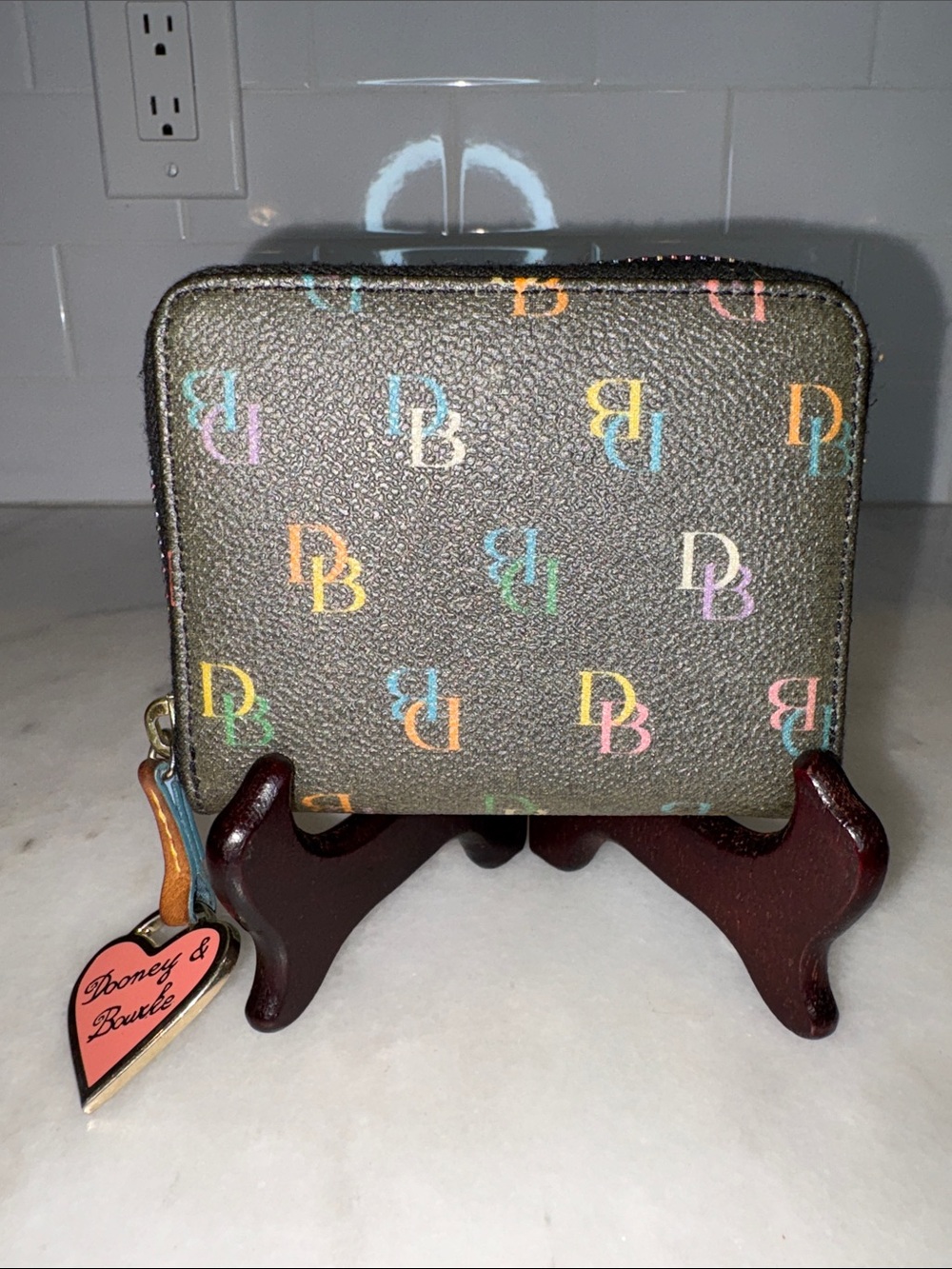 Vintage Dooney & Bourke Multi Color Signature DB Monogram Heart Charm Wristlet